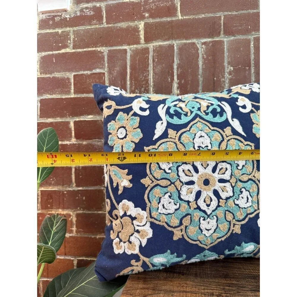 Blue floral embroidered, throw pillow